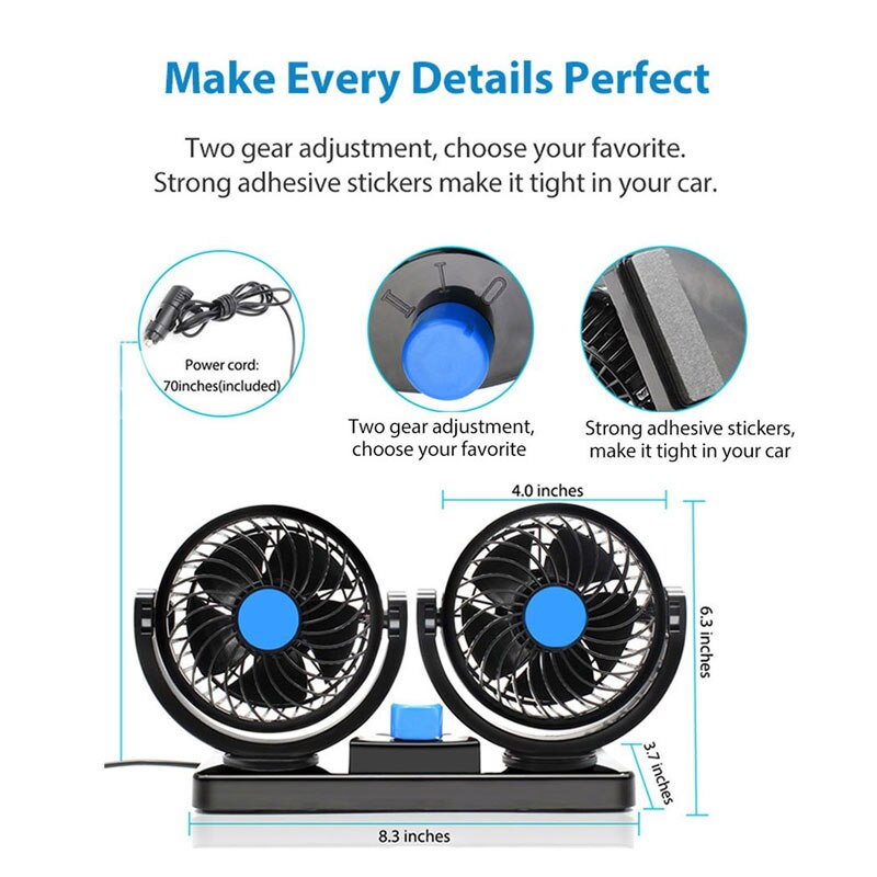 Ventilador eléctrico de doble cabeza para coche, dispositivo de ventilación de 12V, 360 giratorio, para SUV, RV, barco, coche, carrito de Golf, NJ88