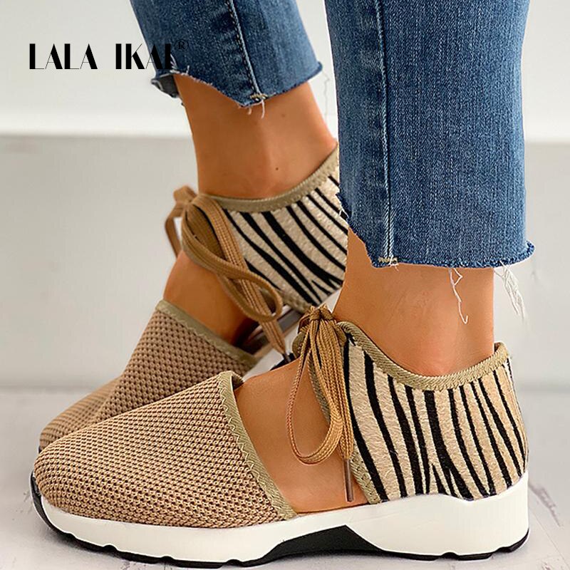 LALA IKAI – baskets léopard pour femmes, maille épaisse, ajouré, vulcanisé, chaussures de marche et de Tennis souples, automne , A30784-4