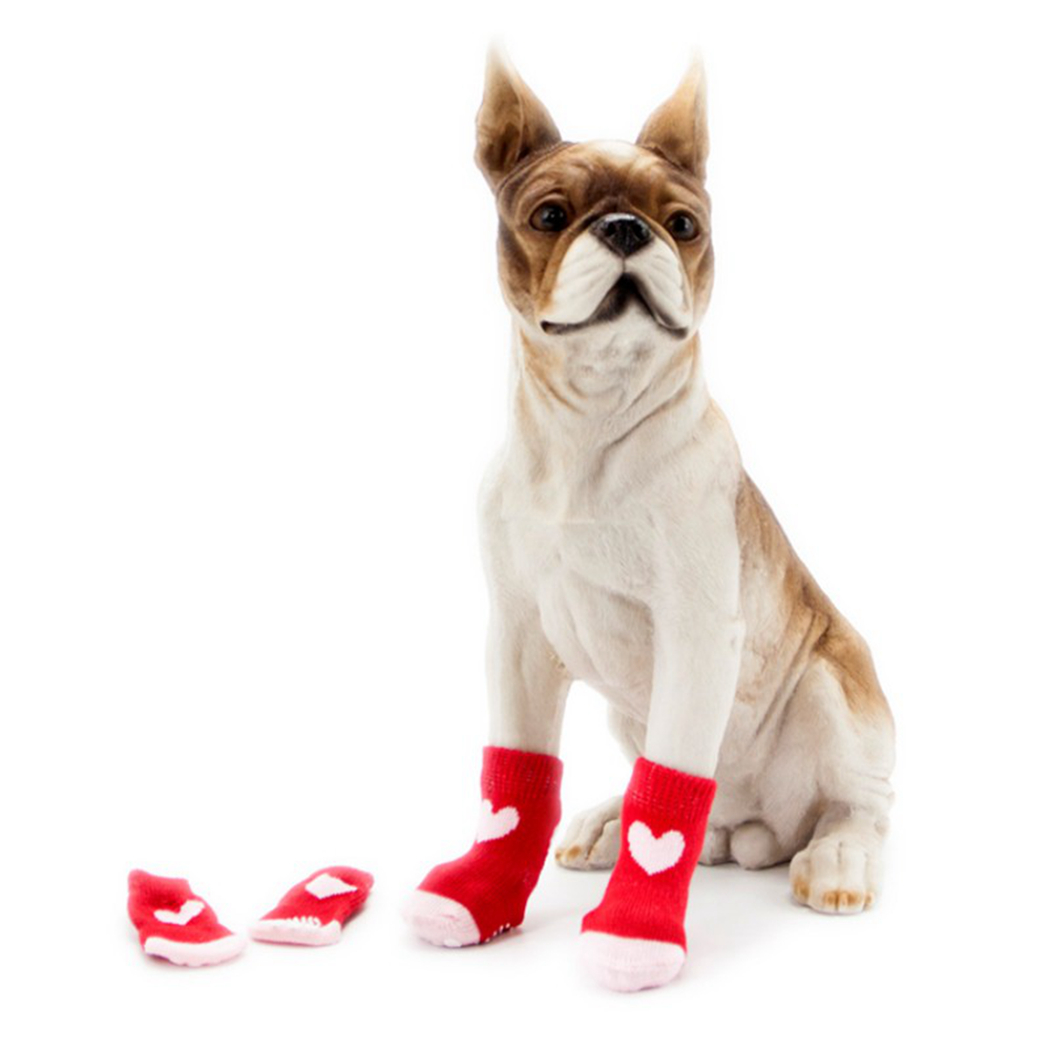 Dejlige kæledyr hunde sokker 4 stk søde hvalpe hunde kæledyr strikker sokker anti-slip glidebund varme bløde bomulds sokker