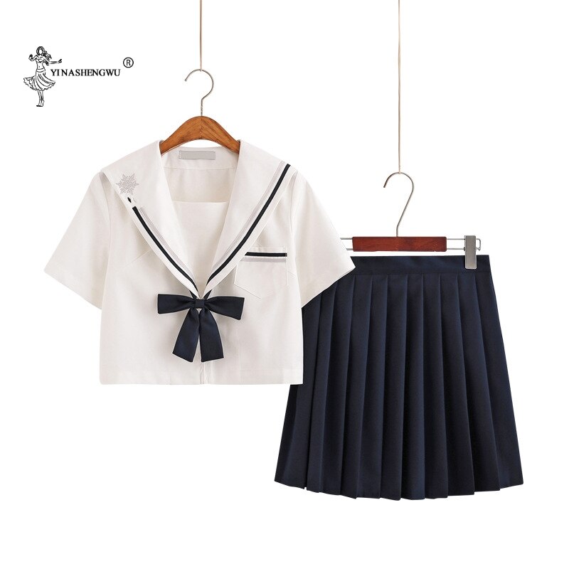 Autumn Summer Japanese School Uniform For Girl Cute Short/Long-sleeve Sailor Top Pleated Skirt Full Set Cosplay JK Suit Series: 2pcs Short-sleeve / XXL