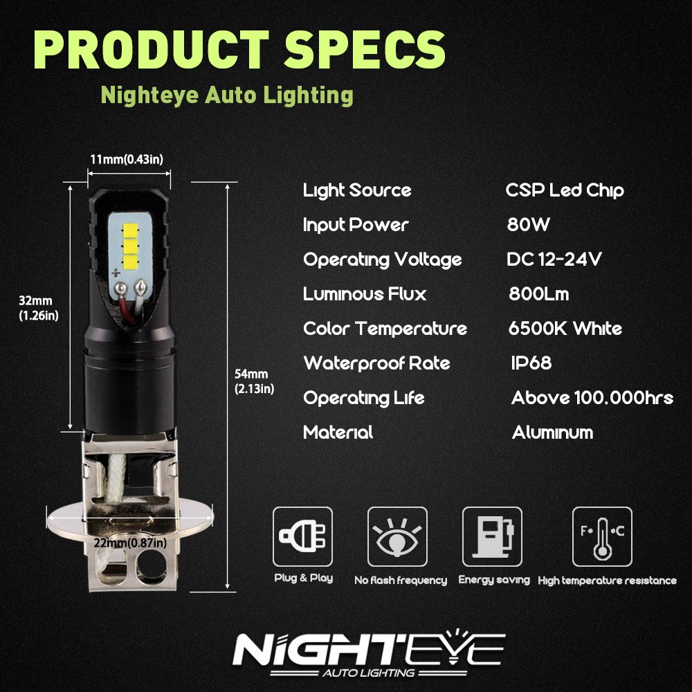 NIGHTEYE H3 LED Auto Scheinwerfer Lampen 1600LM 12 V 80 W/einstellen 6500 k Mit CSP LED Chips Birne LED-lampen für Auto Scheinwerfer Nebel Lampen