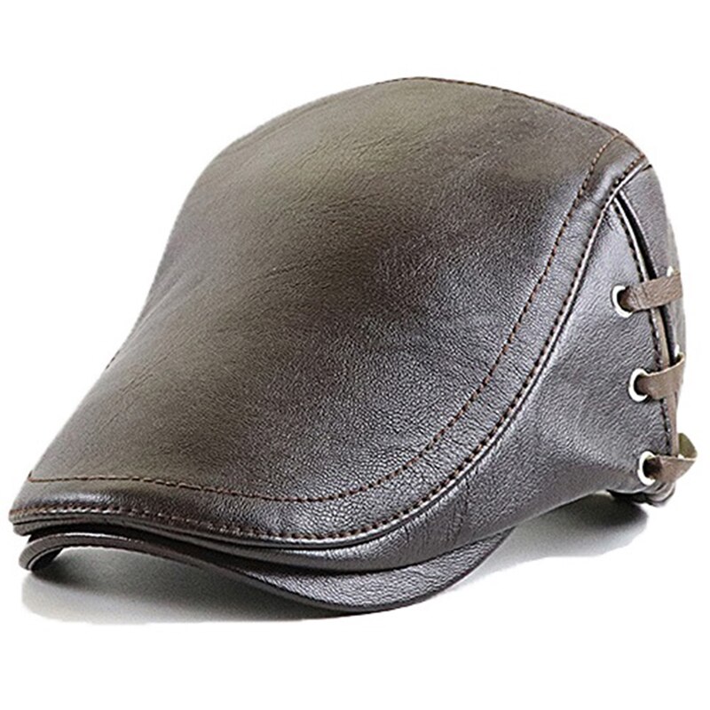 Gorros de cuero sintético para hombre, Boina a prueba de viento, plana, con correa lateral cálida, Boina Masculina: Dark coffee Style2