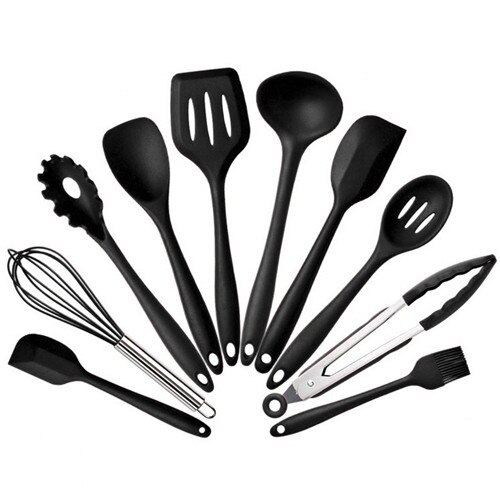 Keuken Siliconen Non-stick Koken Lepel Spatel Pollepel Ei Kloppers Gebruiksvoorwerpen Serviesje Koken Gereedschap Accessoires Benodigdheden: 10Pcs Black with Box