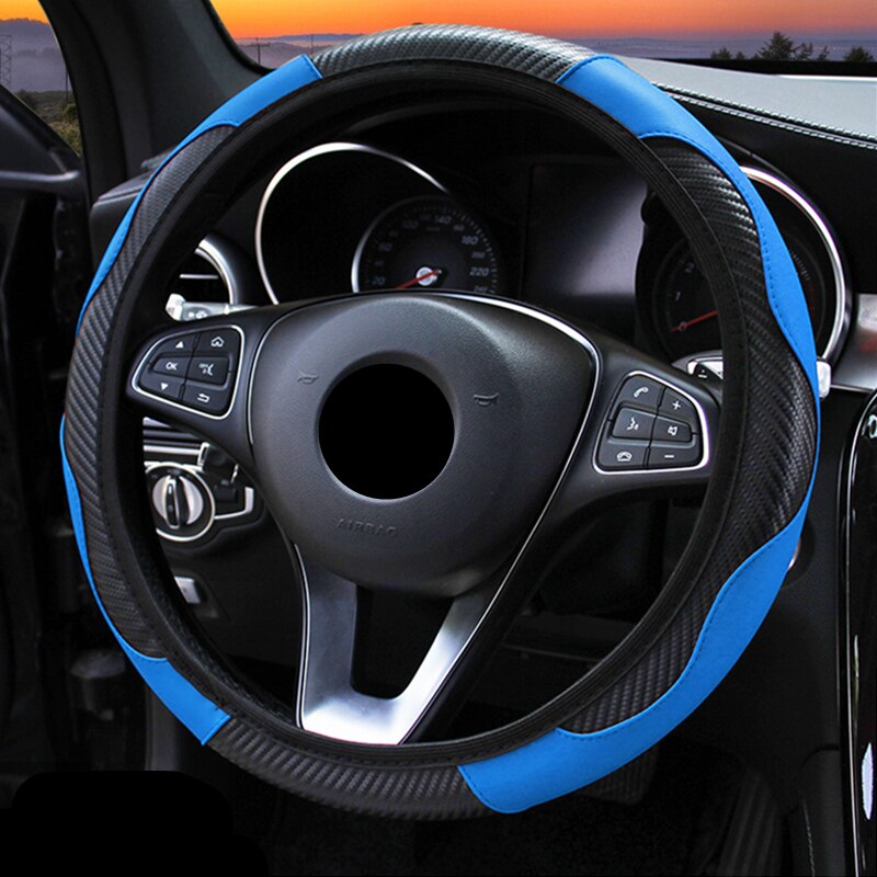 Auto Stuurwiel Carbon Fiber Lederen Universele Accesorios Para Autos Interieur Funda Volante Coche Anti Slip Decoratie: blue