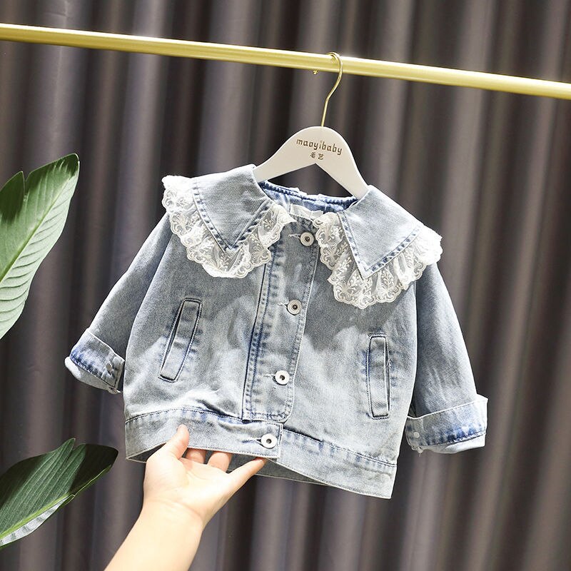 Chaqueta vaquera para niñas, Rebeca de encaje, prendas de vestir de manga larga, ropa de encaje, 1-6 años