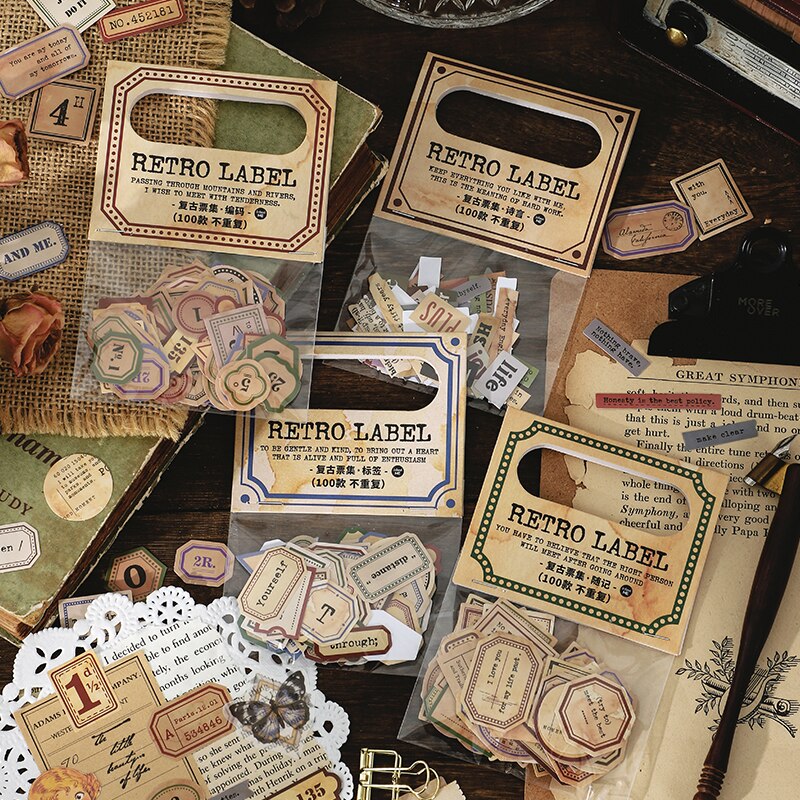 100 st/påse vintage nummer ordetikett papper klistermärke paket diy dagbok dekoration klistermärke album scrapbooking