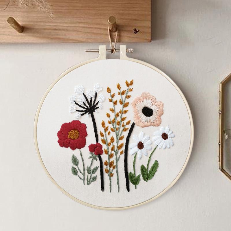 Conjunto de bordado con patrón de flores, herramientas de costura impresas para principiantes, Kit de bordado redondo de punto de cruz, Kit de artesanía de costura, decoración: 01