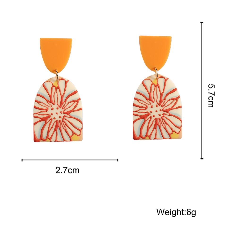 AMORCOME Cute Orange Geometric Acrylic Earrings 3D Effect Colorful Printed Flower Simulated Polymer Clay Earrings Daily Jewelry