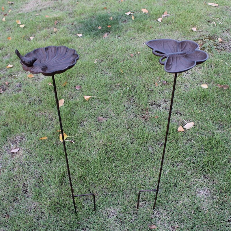 European Vintage Home Garden Decor Cast Iron Bird On Seashell Shaped Bird Feeder with Long Plug Heavy Sturdy Metal Birdbath