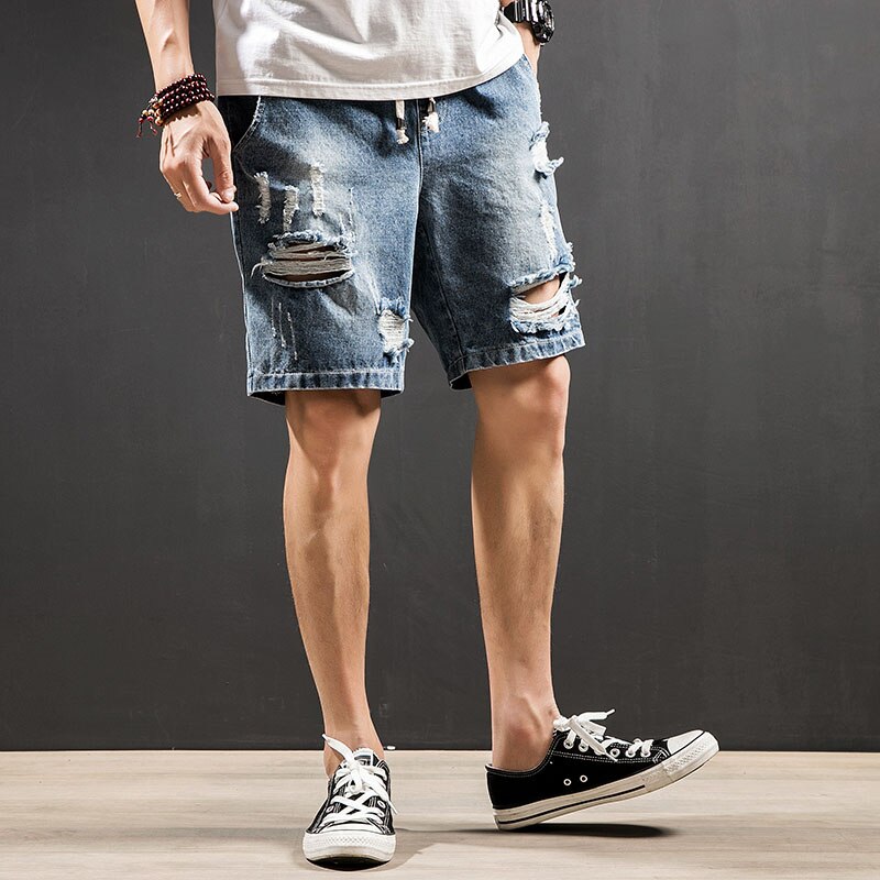 Summer Denim Shorts Male Short Jeans White Blue Hip Hop Harem Ripped Hole Drawstring Waist Mens Joggers 5XL