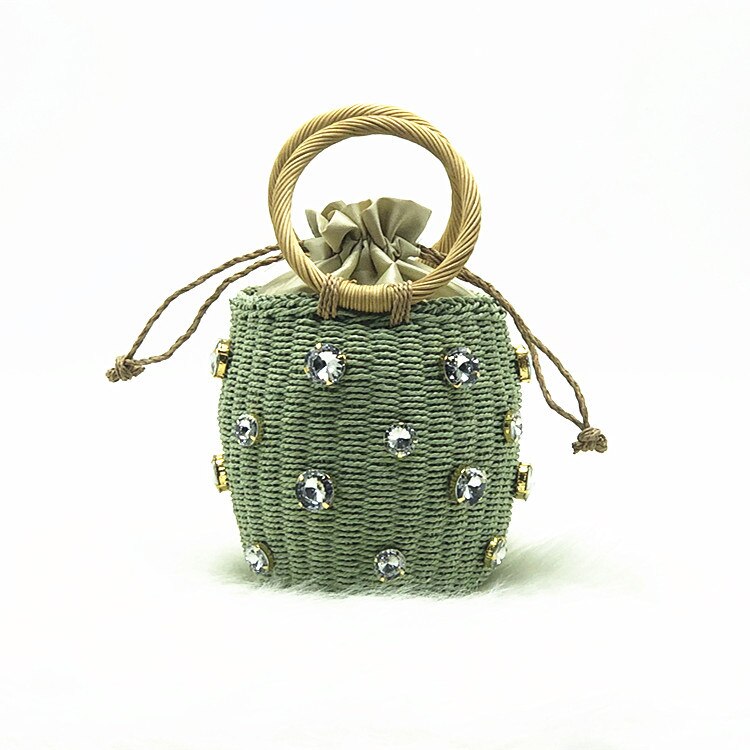 Sommer rund rattan håndlavet diamant perle taske boheme fritid strå taske spand strikning skulder crossbody perler strandtaske: Grøn