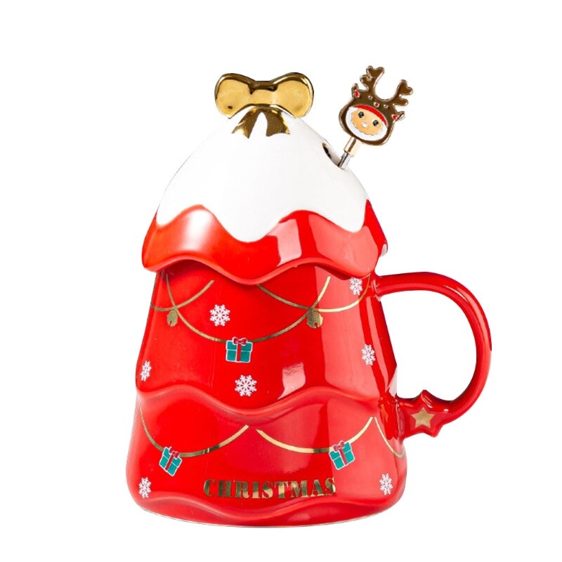 500ML Christmas Tree Shaped Tea Cups Milk Mugs Coffee Cups with Lids Funny Mugs Ceramic Material Cups 4 Colors to Choose: Red