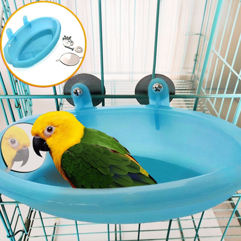 Bañera de aves loro con espejo, pequeña bañera de aves ovalada, accesorios para jaula para mascotas, suministros de baño para ducha, caja de pie, jaula para pájaros, Juguetes
