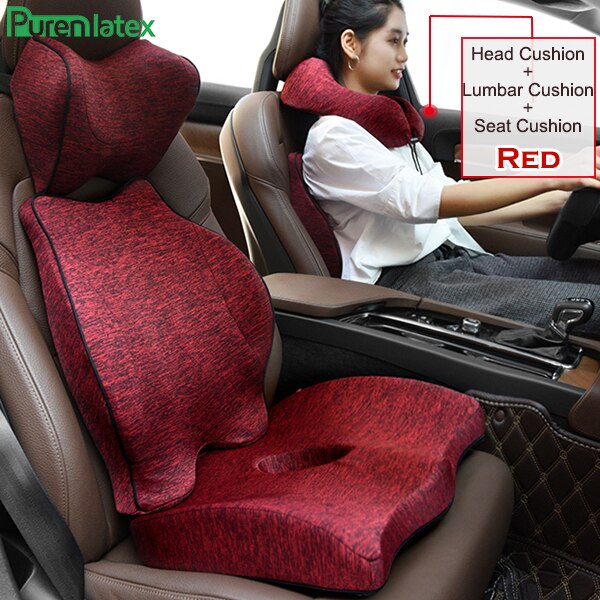 Purenlatex Auto Seat Cushion Memory Foam Orthopedic Pillow for Office Car Pad and Coccyx Cushion for Sciatica & Back Pain Relief: Red 3 Piece Set