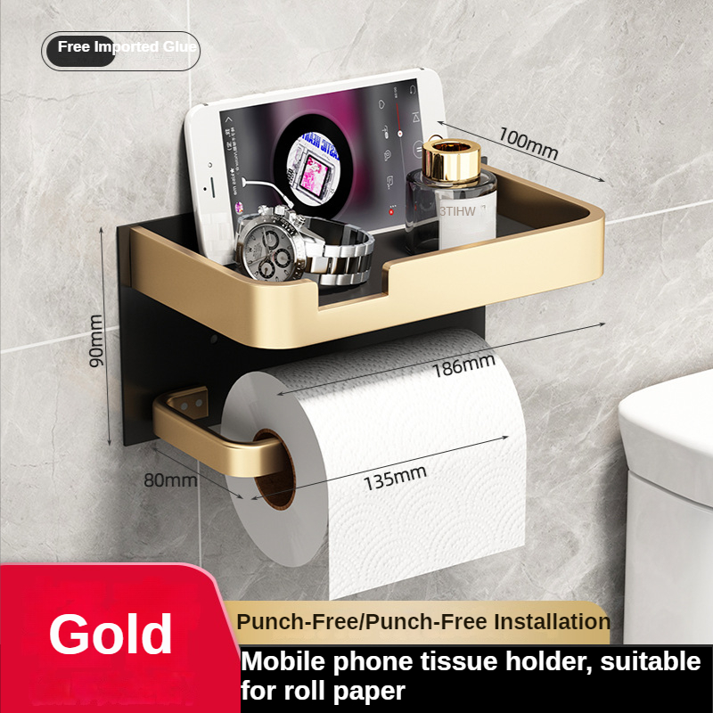Black Gold Toilet Paper Holder Bathroom Wall Mount Multifunction WC Paper Phone Holder Shelf Towel Roll Shelf Accessories: Gold