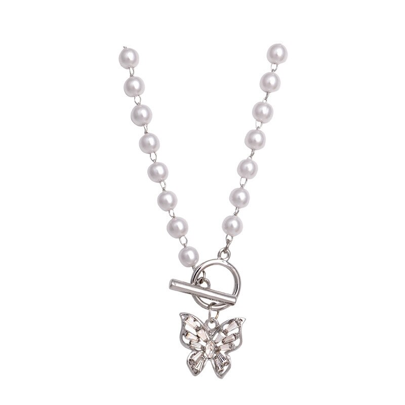 Zirkon sommerfugl perle halskæde perle vedhæng halskæde til kvinder enkle smykker: 03- sølvkæde