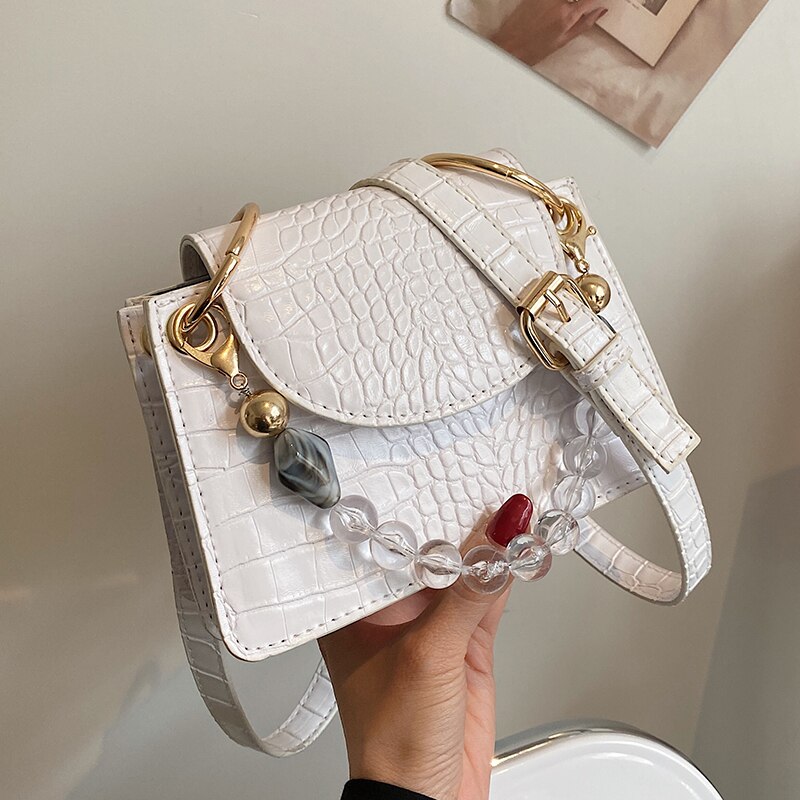 SWDF Crocodile pattern Small Tote bag Summer PU Leather Women's Handbag Gradient Shoulder Messenger Bag: White