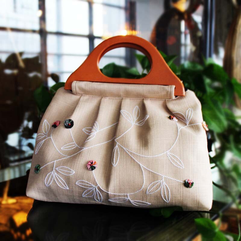 Alasir estilo nacional bolsas estilo chinês algodão e linho artes e ofícios feminino alça de madeira sacos hanfu flor do vintage sacos: beige