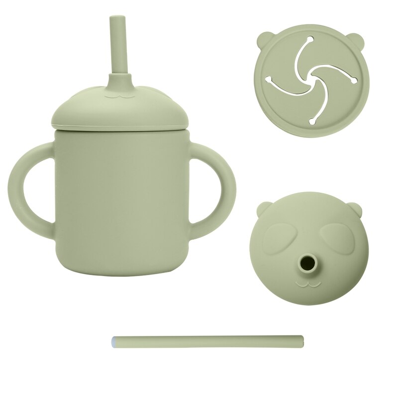 6 Kleur Baby Sippy Cup Cartoon Panda Food Grade Siliconen Dual Purpose Cup Draagbare Opslag Snack Container Cup Met Stro: bean green