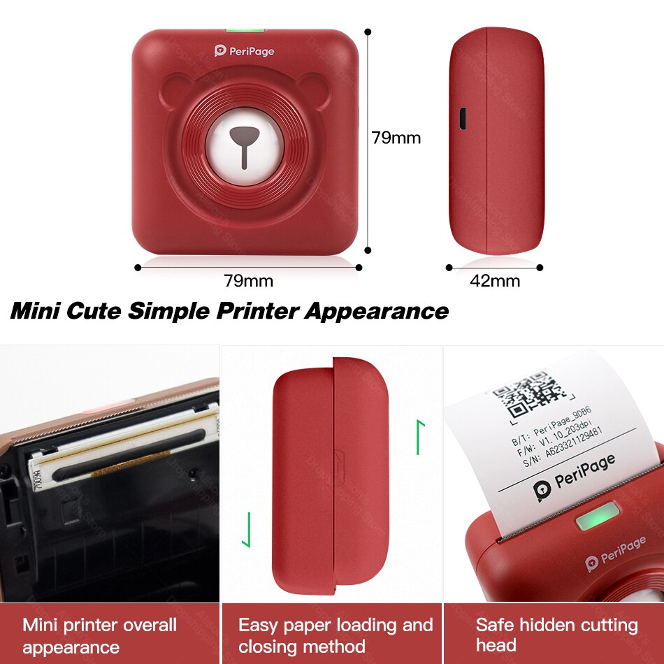 Peripage Rode Draagbare Thermische Bluetooth Printer 203Dpi 2 "Rode Photo Factuur Mini Draadloze Printer Voor Android Ios Mobiele telefoon