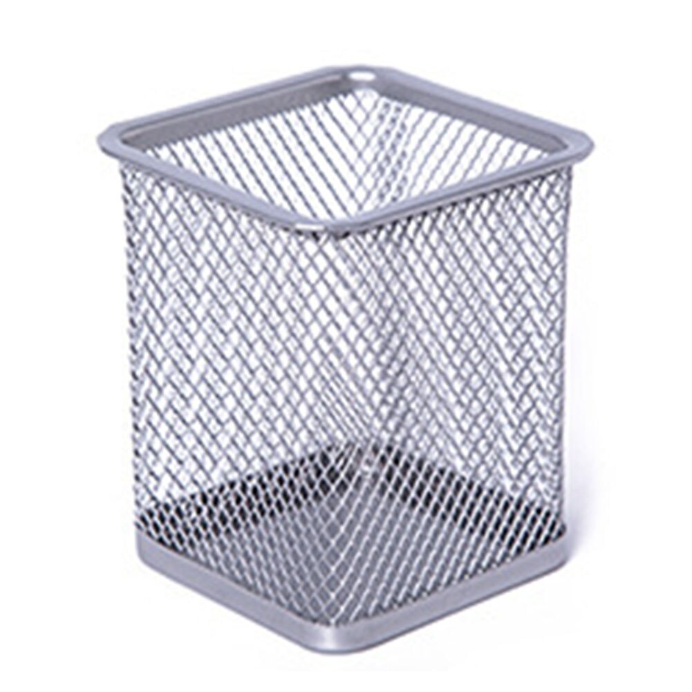 Mesh Metal Makeup Brushes Holder Pen Pencil Brush Pot Holder Storage Container Office Desk Organizer Cosmetic Pen Box: Silver  Square