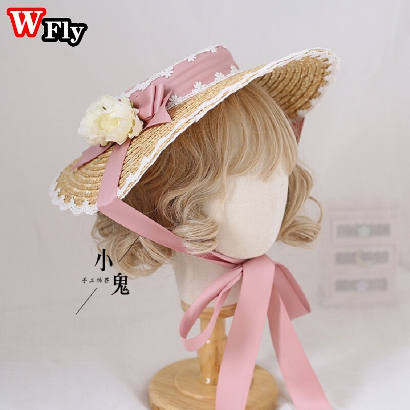 Chapeau de soleil en paille pour femmes et filles, japonais, Lolita, fait à la main, ruban de fleurs en dentelle, nœud papillon à large bord, chapeaux de paille élégants: style 10