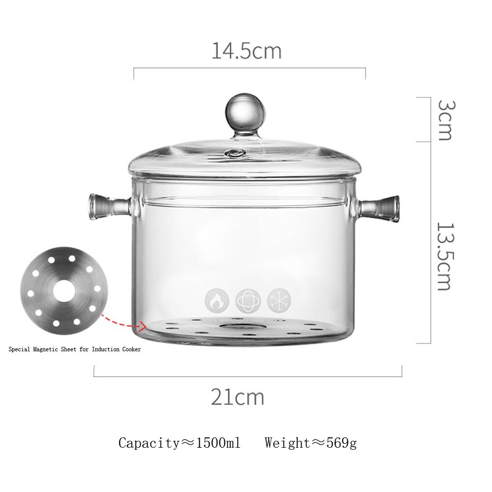 Glass Saucepan Stove Pot Transparent Borosilicate Glass Cooking Pot Stockpot Heat Resistant Boil Water Noodles Bowl Soup Cooker: 1.5L  Magnetic Sheet