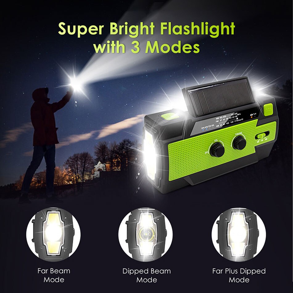 Linterna de Radio de emergencia , batería Solar USB, accionada a mano con manivela Radio AM/FM/WB, batería externa de 4000mA, linterna IPX3 resistente al agua