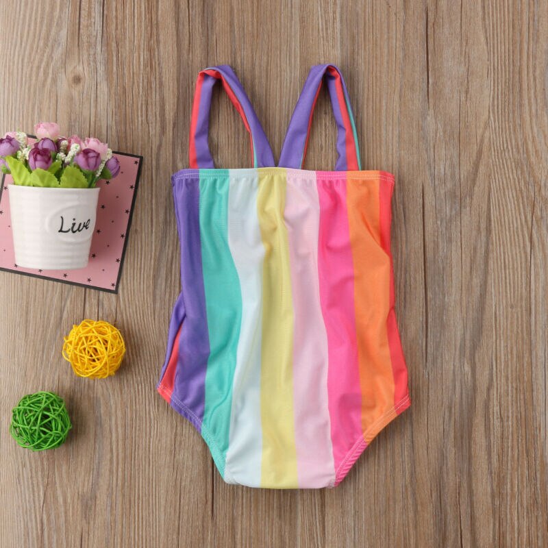 0-5y badkläder baby barn söta bikinis tjejer baddräkt i ett stycke regnbågsgrimma bowknot hög midja hål strandkläder baddräkt