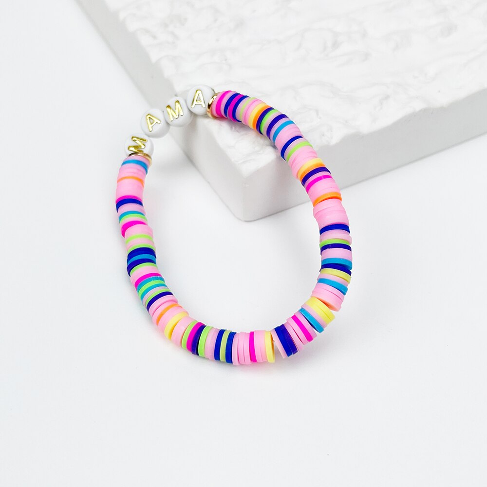 Peri&#39;sbox Cute Handmade Rainbow Polymer Clay Disc Bead Bracelet With Acrylic MAMA Letter For Mother&#39;s Day Jewelry: dark rainbow