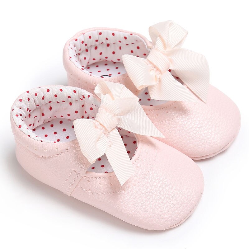 Zapatos de cuero a la para bebé niña, zapatos de princesa de niña pequeña con lazo de PU, sin cordones de 0 a 18 M: Rosa / 13-18 meses
