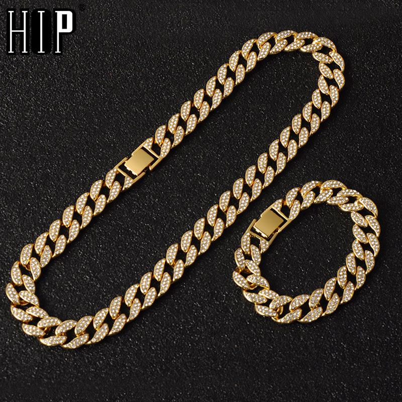 Hip Hop Miami Curb Cuban Chain Necklace 15MM Gold Iced Out Chains Paved Rhinestones CZ Bling Rapper Necklaces Men Jewelry