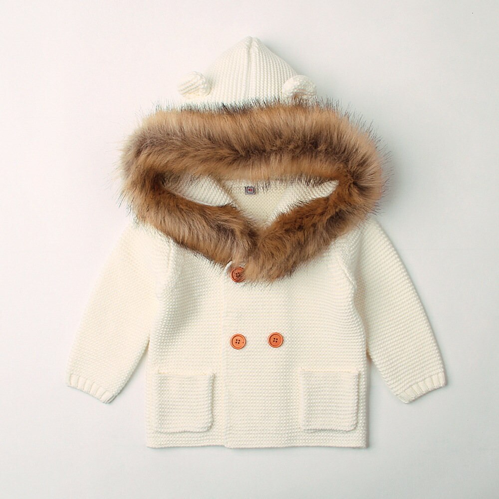 Babykleding kindertruien jongens capuchon bontkraag gebreide jas lange mouwen herfst- en winterjas babymeisje winterjas: Beige / 24m