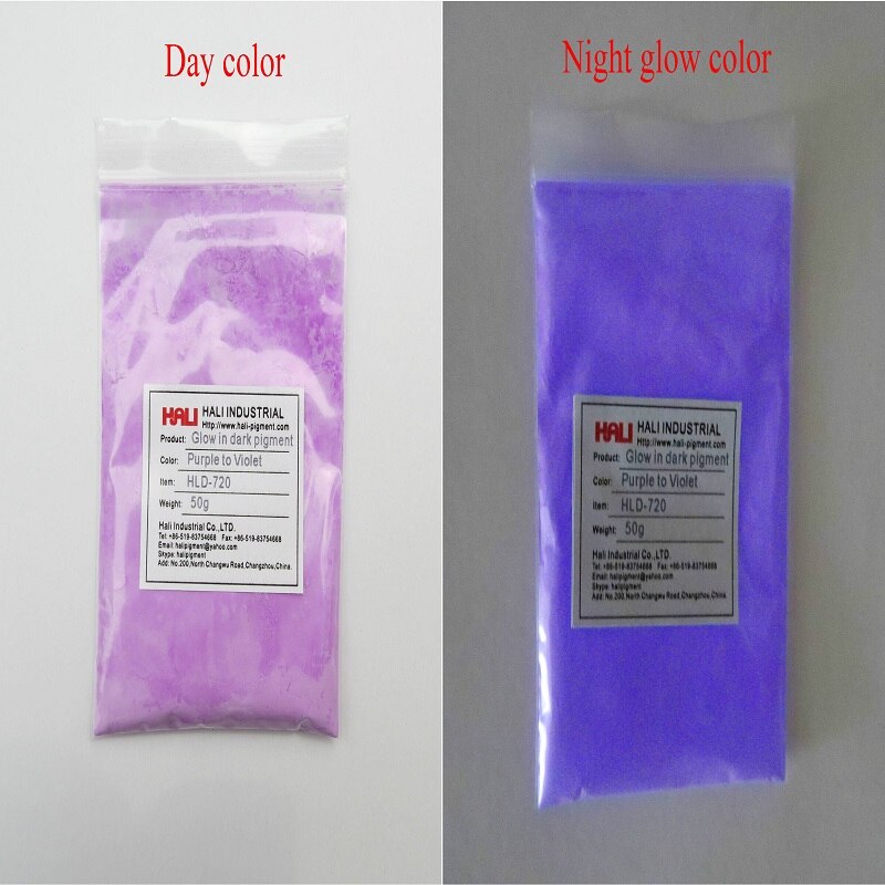 Glow in dark poeder, fotoluminescerend poeder, luminescerend poeder , 1 partijen = 10 kleuren ,10 gram per kleur.: Paars-paars 50g