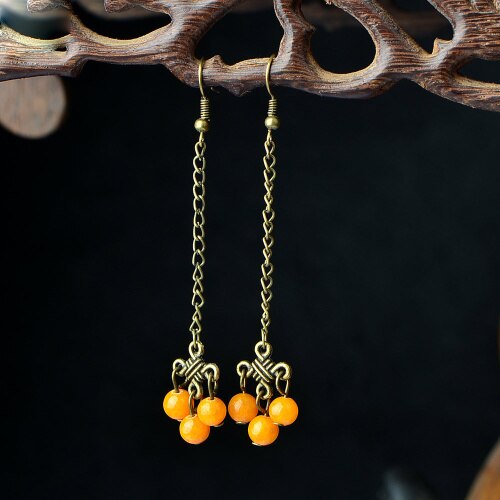8 sezonów moda Handmade kobiety spadek kolczyki Antique Bronze Metal Link Chain Tassel Trendy chińskie etniczne kolczyki urok, 1 para: Orange