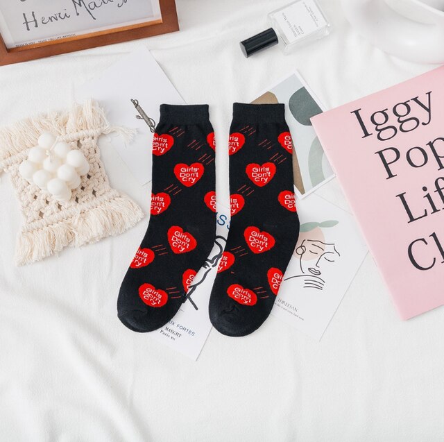Socks Children&#39;s Tube Socks Love Jacquard Female Socks Cute Girl Cotton Socks Spring And Autumn Trend Women Socks Korean: Love black
