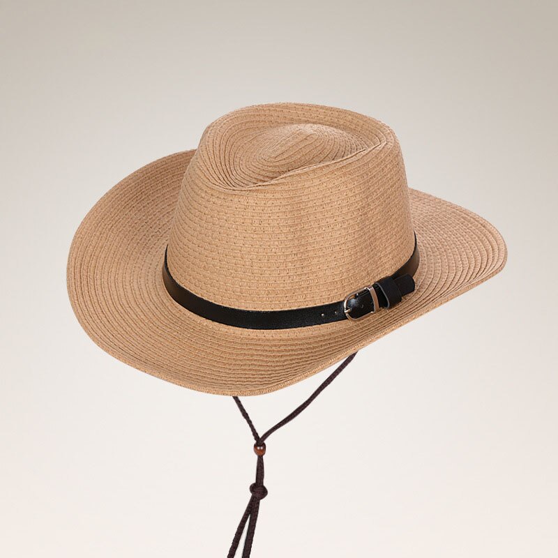 Sommer hat panama hatte mænd halm cowboy hat sol hat foldet vestlig bred buet kant: Khaki