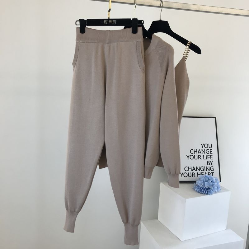 Fionto damespak herfst casual gebreide trui driedelige set productketen vest gebreid jasje + elastische broek