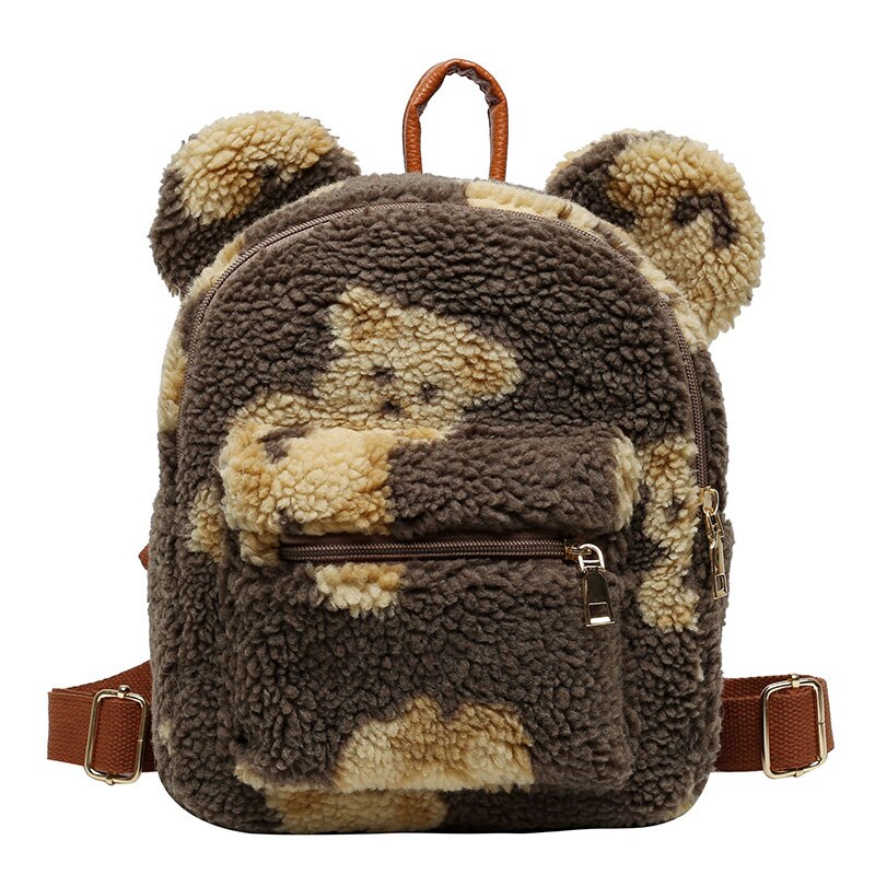 Urso impressão de pele do falso ombros saco urso orelhas de pelúcia mochila feminina bonito peludo saco novo inverno sacos para as mulheres 2022 novo