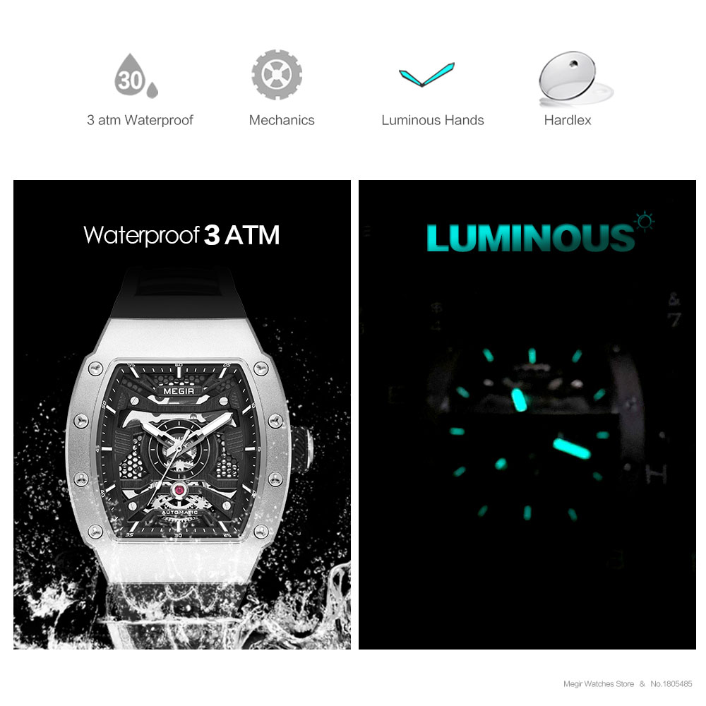 Reloj mecánico automático MEGIR para hombre con caja de acero inoxidable, correa de silicona, reloj de pulsera luminoso resistente al agua a la 8604