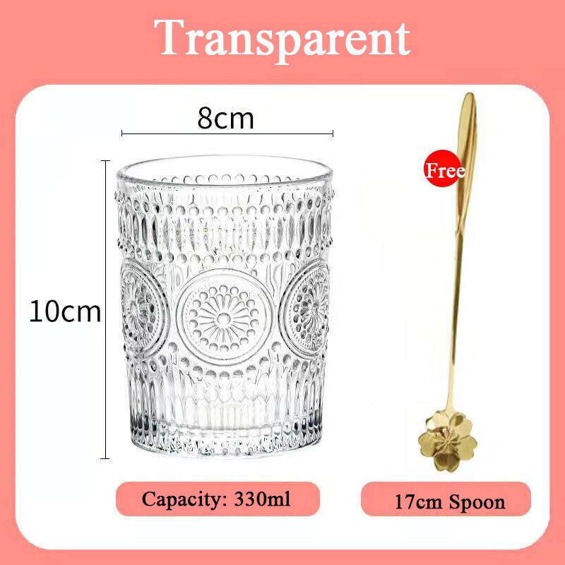 400ml Transparent Glass Water Cup Household Simple Fresh Style Wine Glass Retro Carved Drinking Juice Milk Coffee Beer Glass Cup: TM 330ML and Spoon