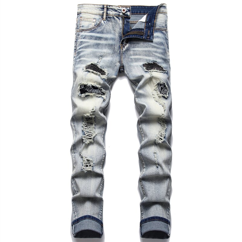 Pantalones vaqueros Retro azules rasgados para hombre, pantalones ajustados elásticos de , versátiles, con estampado de barba de gato: 6605 / 36