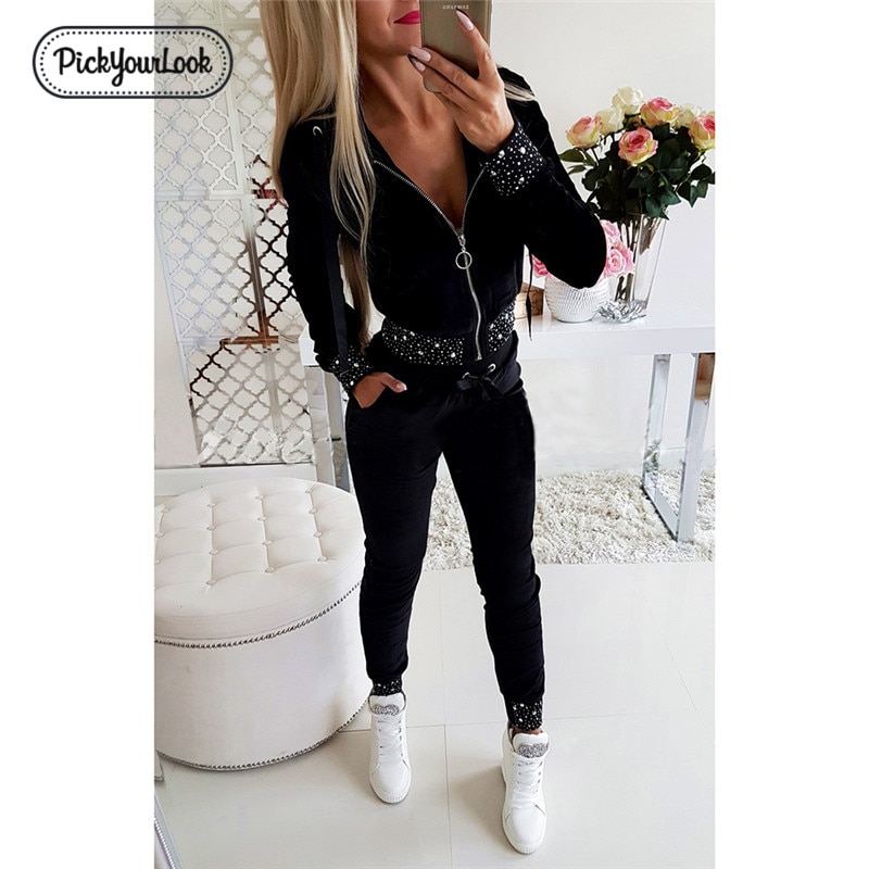 Pickyourlook Women Clothing Set Long Sleeve Black Pearl Sequins Zipper Ladies Outfit Set Autumn Winter Female Clothes