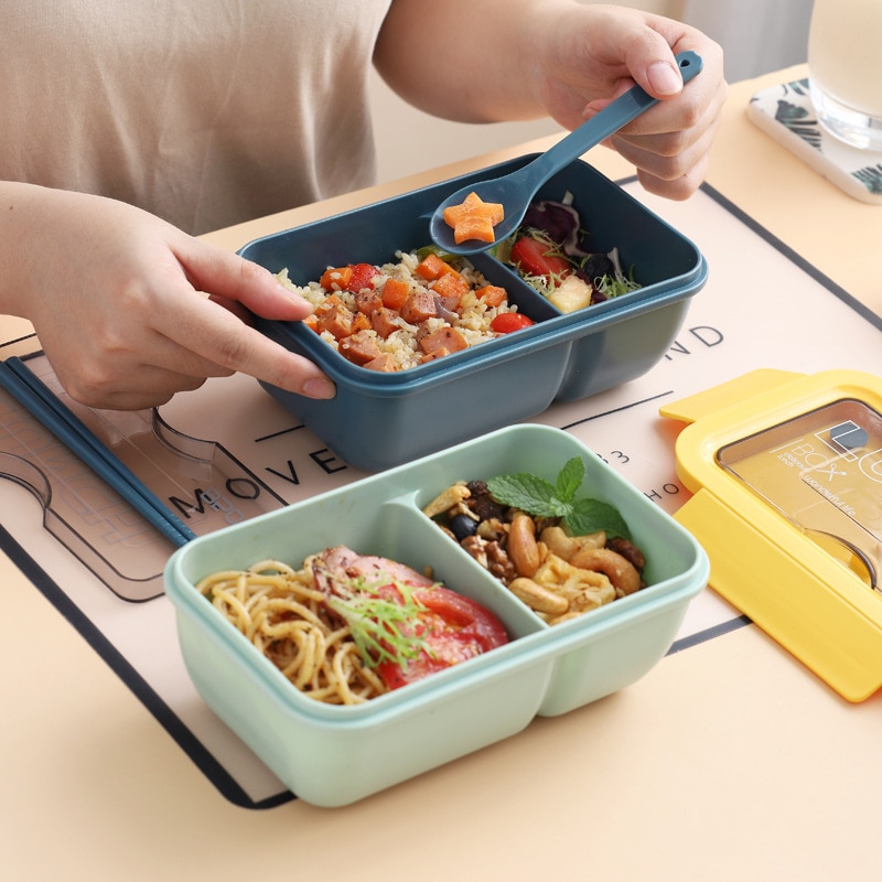 Lunch Box Separate Compartments Children School Bento Box Food Container Microwave Dinnerware Lunch Box with Tableware (850ML)