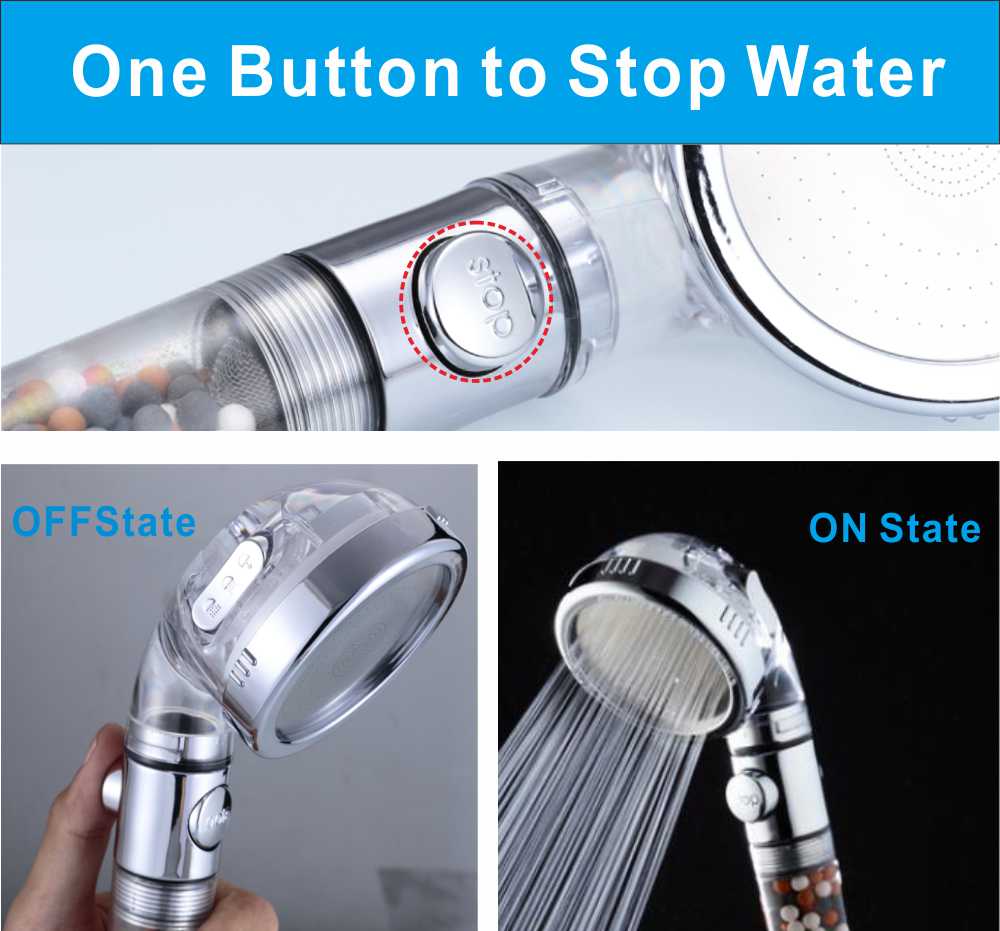 Bathroom SPA Nozzle High Pressure Saving water Anion Filter balls Handheld with stop button 3 Modes adjustable shower head