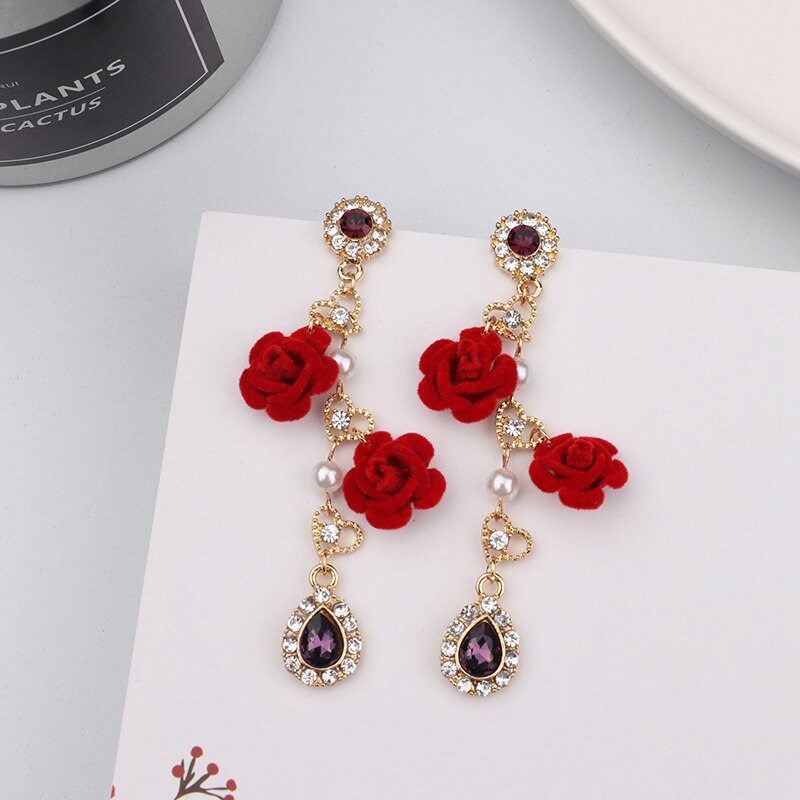 Korean Red Rose Velvet Flower Shiny Crystal Water Long Earrings For Women Accessories