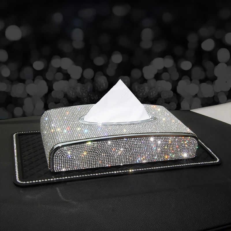 Rhinestone bilvævskasse diamantkrystal auto luksus vævsholder bloktype vævskasse bil styling diamante bling cover kvinder: Flisekasse med måtte