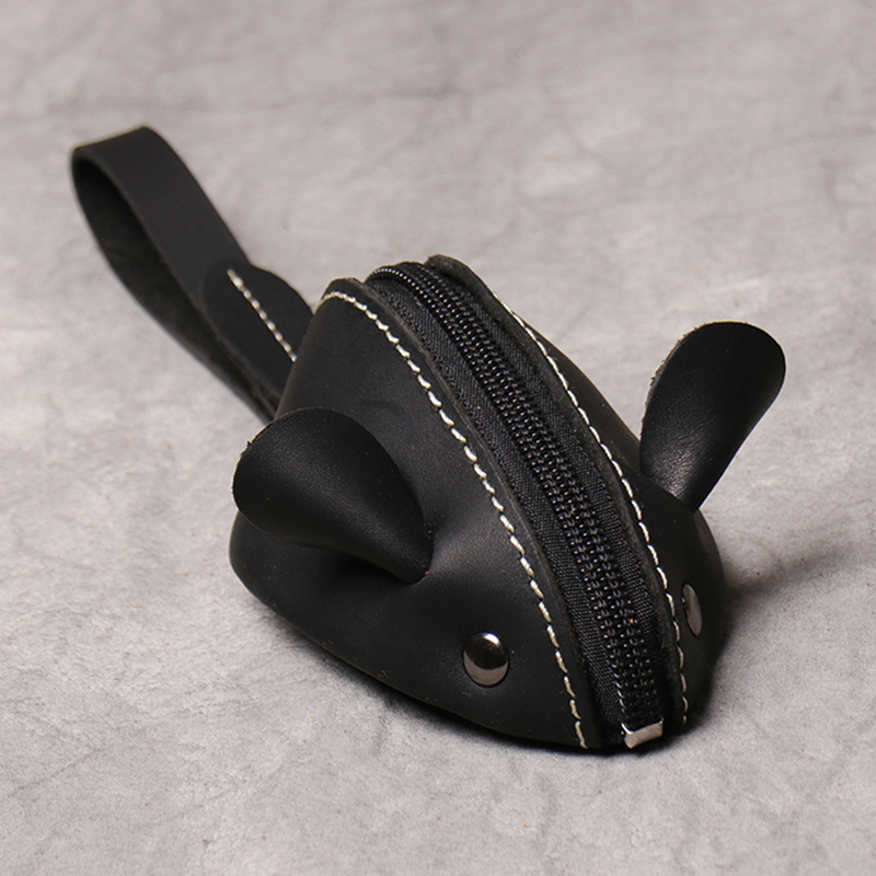 Porte-monnaie en cuir véritable, sac de rangement et mignon pour souris, tendance, poche à fermeture éclair, portefeuilles portables pour hommes et femmes, sacs à clés pour enfants: Black