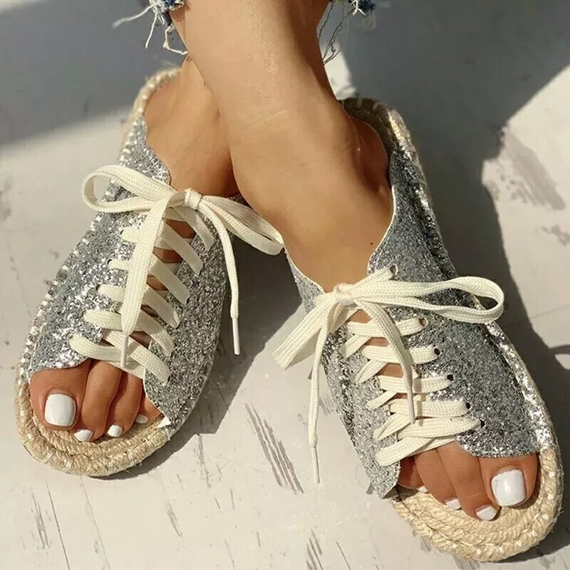 Women Leisure Cross-tied Flash Drilling Sequins Sandals Beach Flats Travel Outside Slippers zapatos de mujer