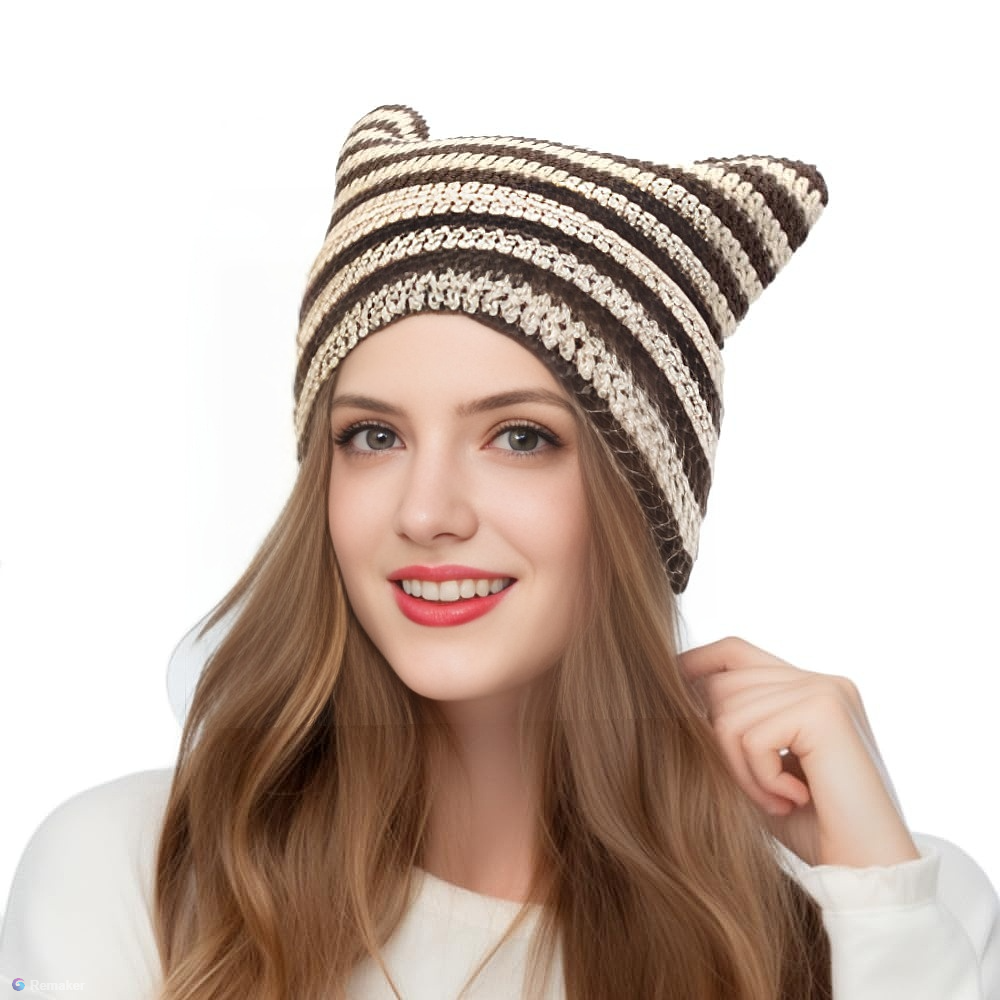 Corchet Cute Cat Ears Beanie Hat for Women Winter Striped Korean Y2K HipHop Cosplay Knitted Streetwear Men Skullies